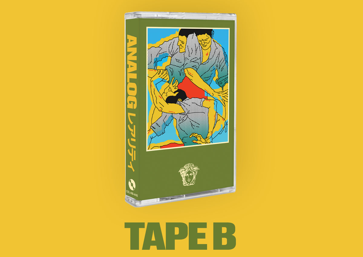 A cassette-style product package labeled 'ANALOG' stands upright on a yellow background, with large green text below reading 'TAPE B'. The package is olive green with a colorful illustrated panel showing several figures in blue, yellow, red, and black.
