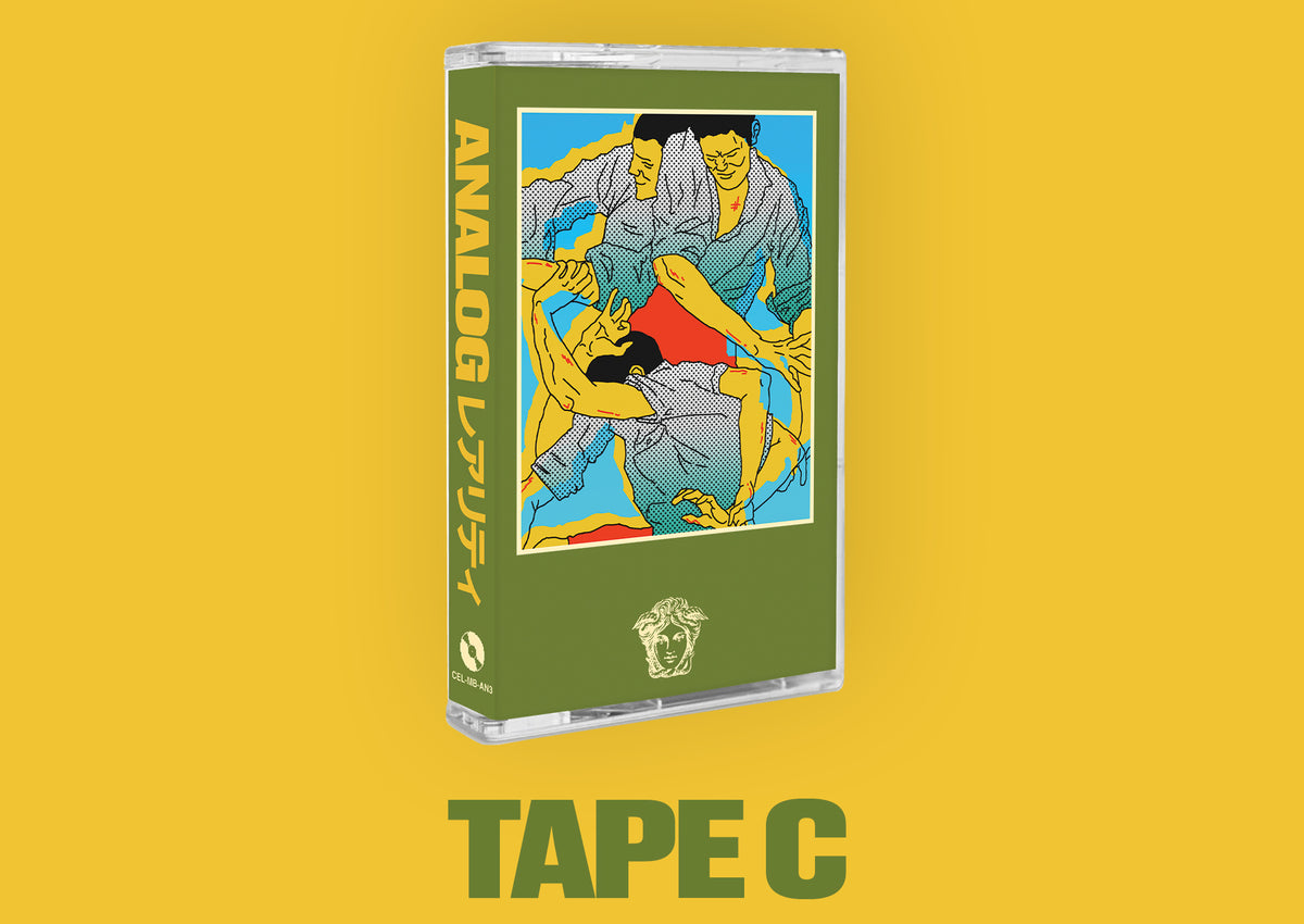 A cassette-style product package shown on a solid yellow background, with the text 'TAPE C' below it. The package is olive green with a colorful illustration of three people wrestling and vertical Japanese text reading 'ANALOG'.