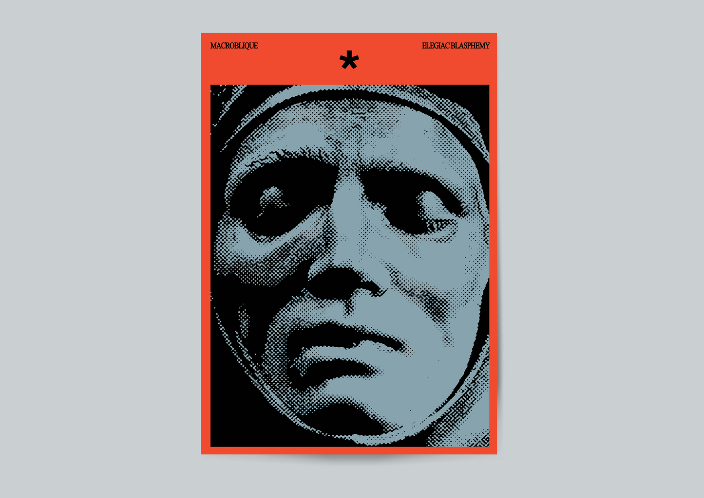 Poster with a black and white image of a face on an orange border with text.