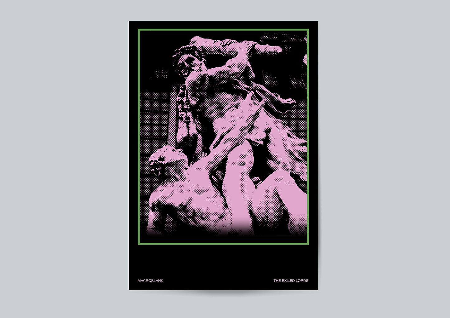 A vertical art print featuring a black and pink photograph of a sculpture, framed by a black border with a thin green inner line, set against a light gray background.