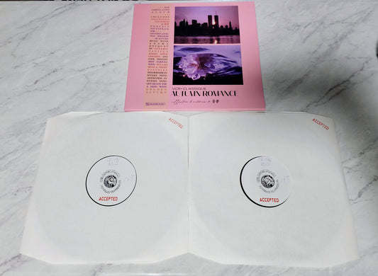 vinyl set with a pink cover featuring a cityscape and water scene on a marble surface.
