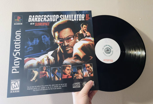 sleev for 'Barbershop Simulator II' next to a vinyl record on a white background