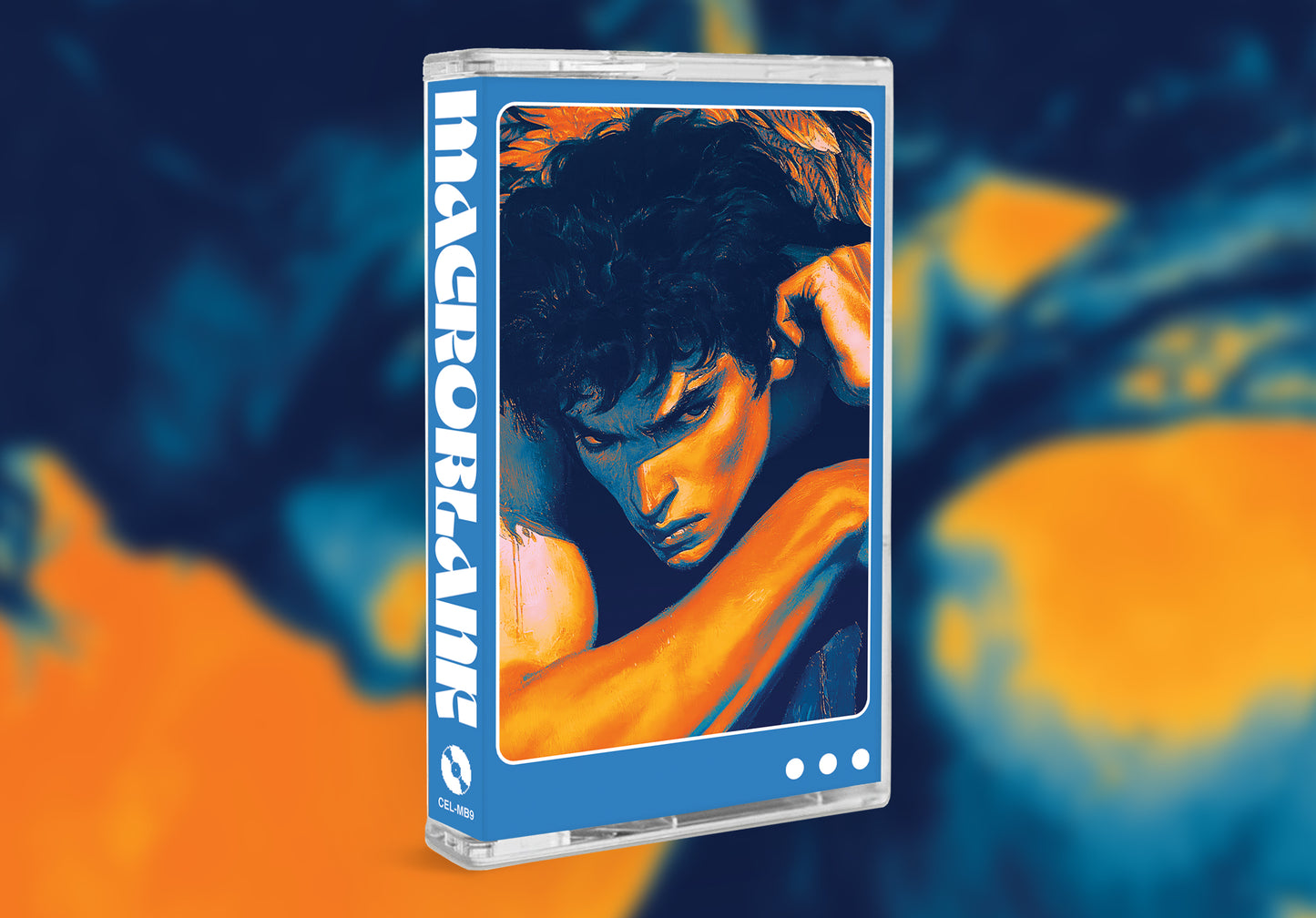 Cassette tape with a colorful design on a blue and orange abstract background