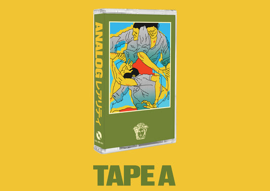 A retro-style cassette tape product shown at a slight angle on a solid yellow background, with the text 'TAPE A' below it. The cassette has an olive green cover featuring a colorful illustration of three people in blue and yellow outfits, with the word 'ANALOG' printed vertically on the side.
