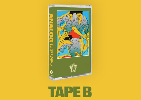 A cassette-style product package labeled 'ANALOG' stands upright on a yellow background, with large green text below reading 'TAPE B'. The package is olive green with a colorful illustrated panel showing several figures in blue, yellow, red, and black.
