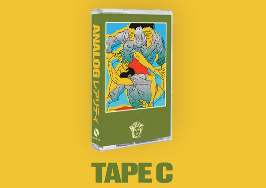 A cassette-style product package shown on a solid yellow background, with the text 'TAPE C' below it. The package is olive green with a colorful illustration of three people wrestling and vertical Japanese text reading 'ANALOG'.