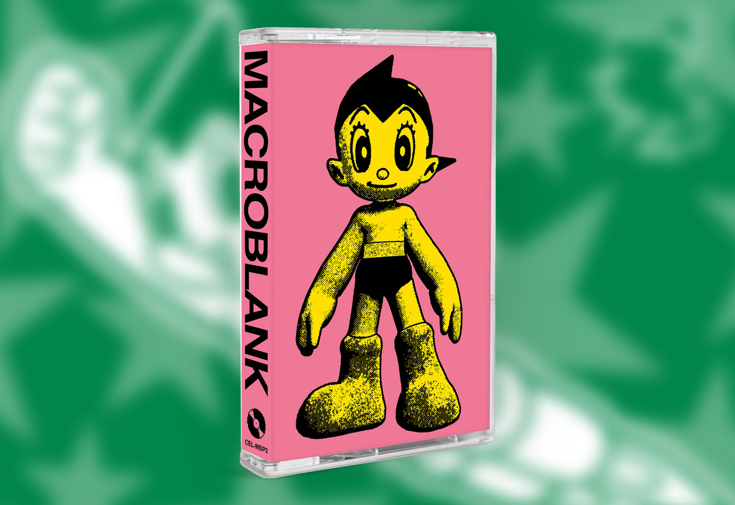 cassette tape, pink, on green background with drawing of boy on cover