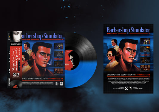 Vinyl record and poster for game soundtrack on a dark background