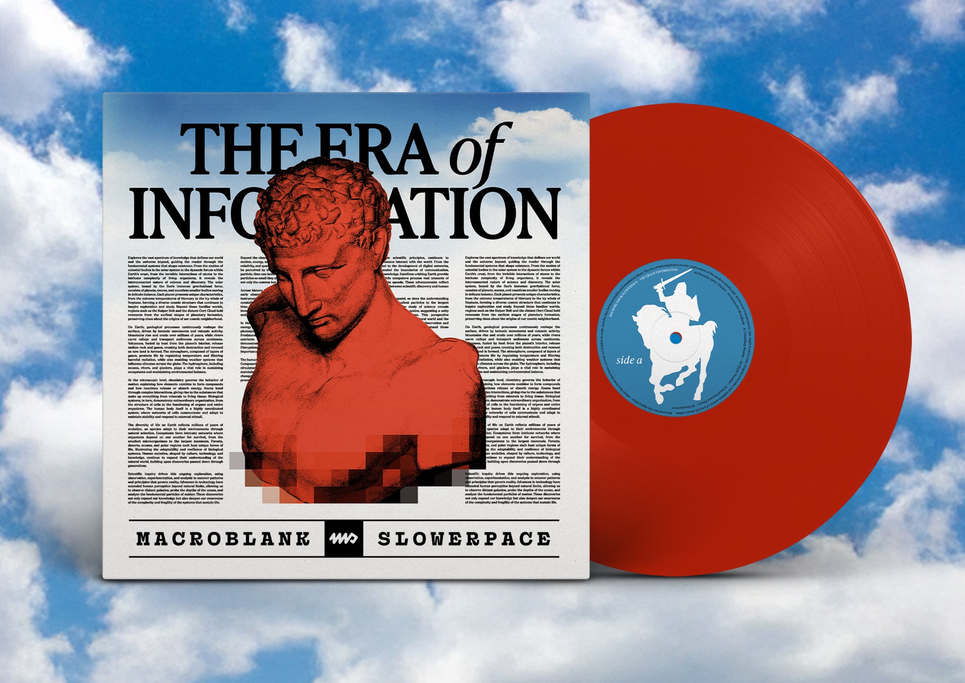 Vinyl record with cover titled 'The Era of Information' against a cloudy sky background