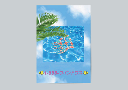 A vertical poster or print featuring a tropical pool scene with blue water, palm leaves, and a pink-and-white striped lounge chair, set against a light gray background. Pink Japanese text at the bottom reads '1-888-ウィンドウズ'.