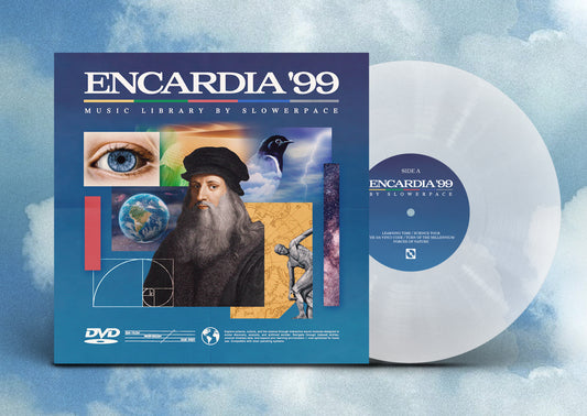 Vinyl record and cover with 'Encardia '99' branding on a blue and white gradient background
