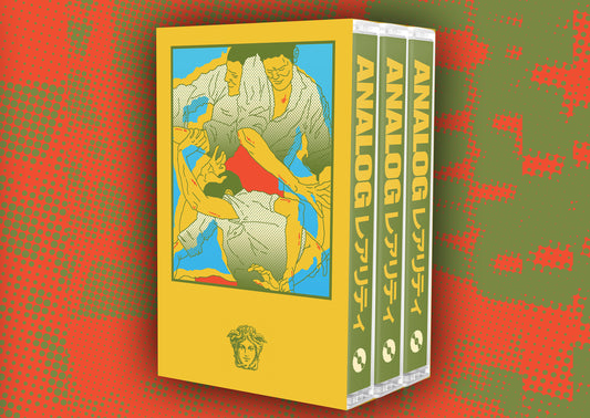 A boxed set of three tapes standing upright, shown at a slight angle. The front cover is bright yellow with a stylized illustration of two people in white shirts, and the tape spines are green with yellow text reading 'ANALOG'.