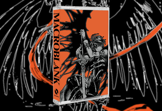 A cassette-style music album case standing upright, featuring a black-and-white illustrated character over a bright orange background. The case is centered against a black background with white sketch-like line art and orange accents.