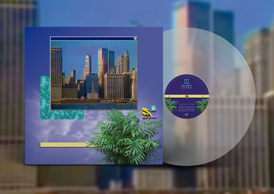 clear vinyl record with cover showing skyline and a plant