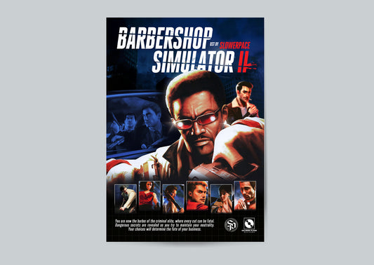Poster for 'Barbershop Simulator' with characters in a car and text on a gray background