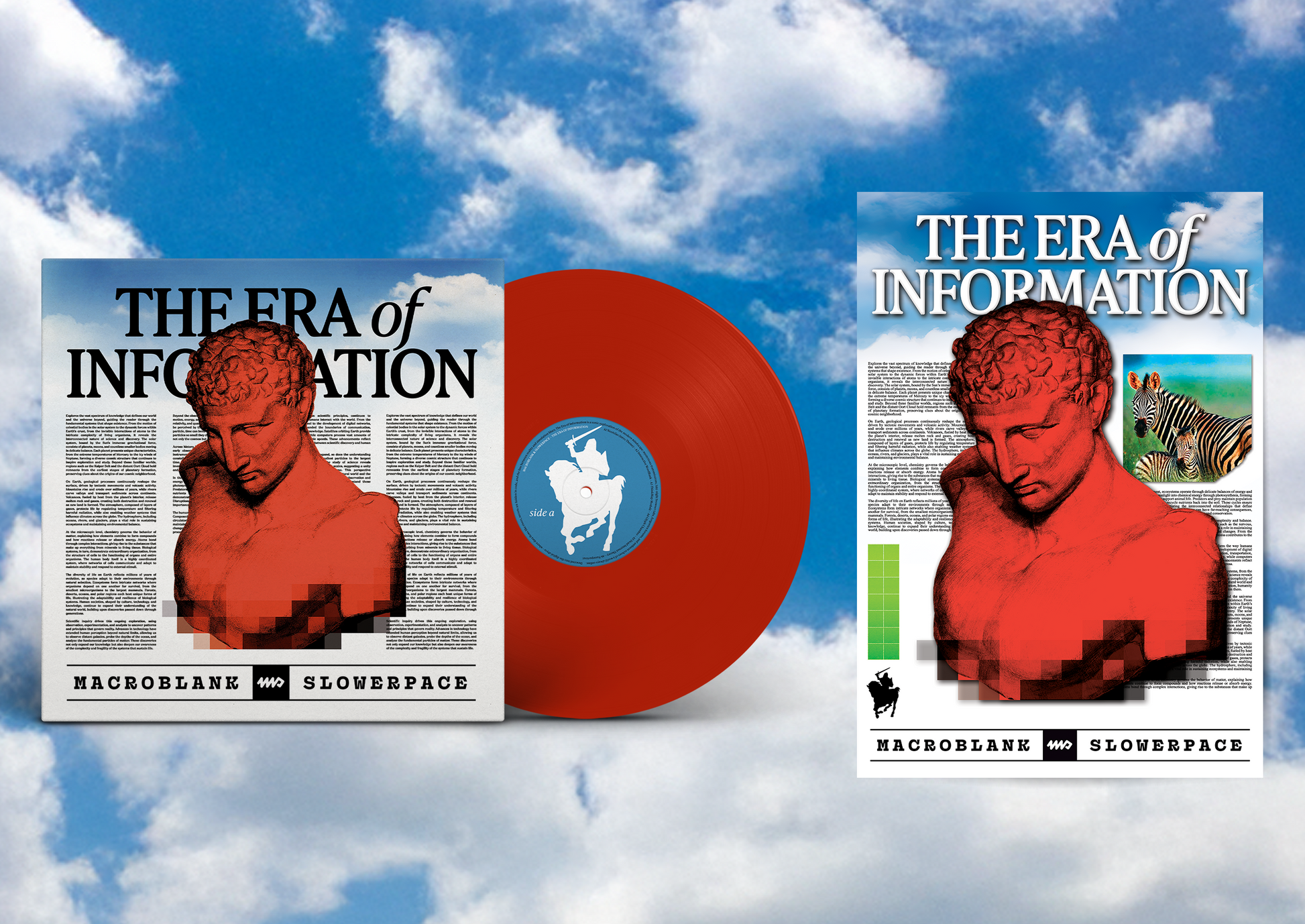 Vinyl record with 'The Era of Information' cover against a blue sky with clouds
