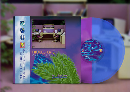 A vinyl record and its sleeve for 'Internet Cafe' displayed against a blurred retro-themed background.