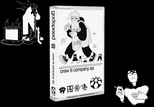 Cassette tape with cartoon characters and text on a black background