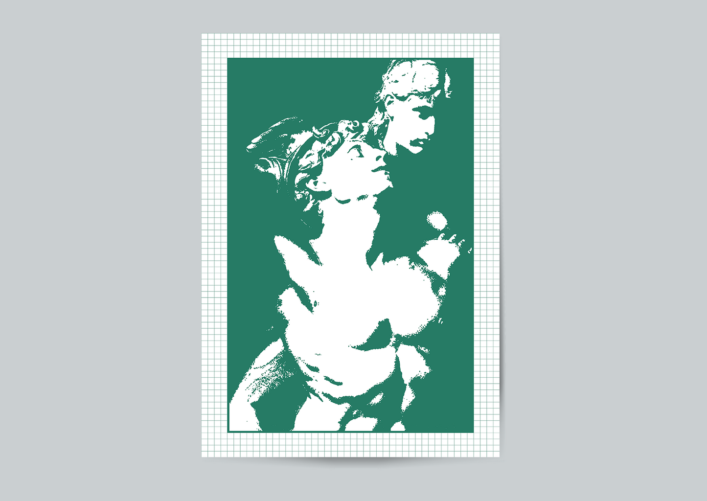 White statue silhouette on a green background with a white grid border