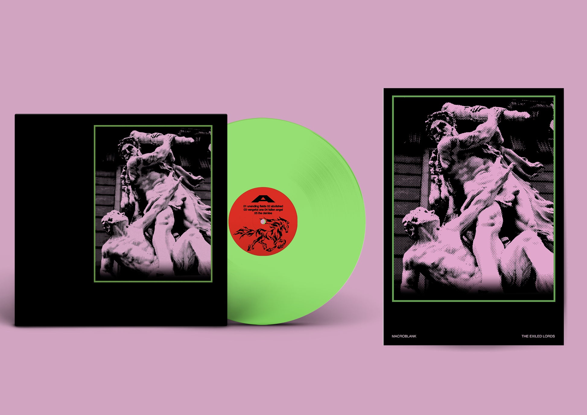 A vinyl record album shown with its outer sleeve on the left, the translucent neon green record in the center, and the inner cover on the right, all against a solid pink background.