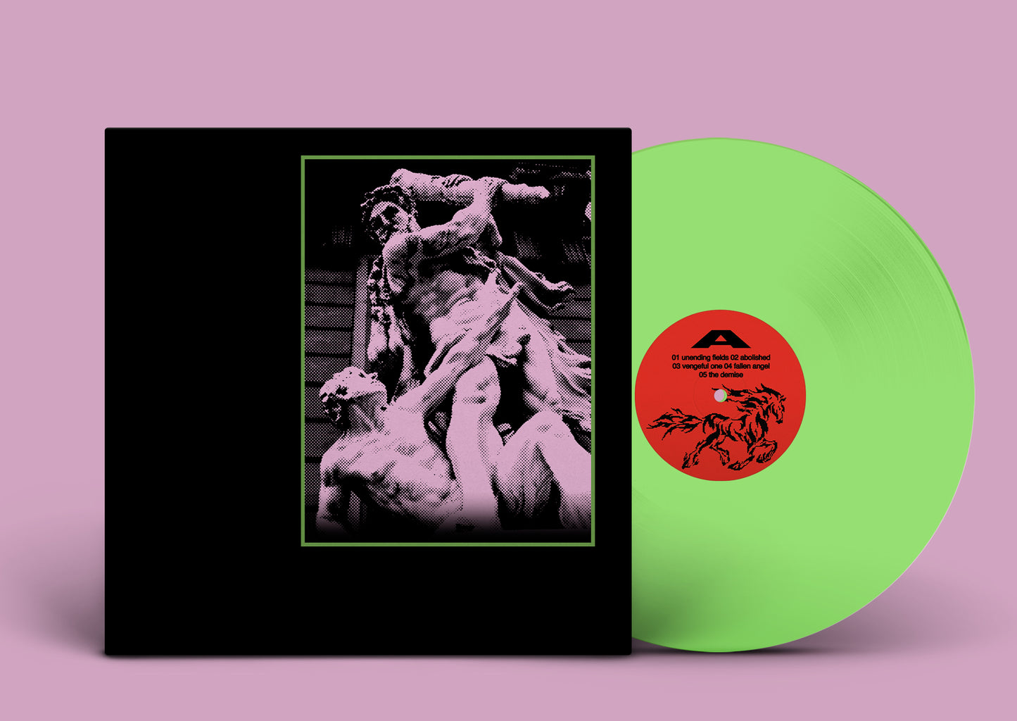A vinyl record partially pulled from its sleeve, shown on a solid pink background. The record is a bright neon green, and the sleeve is black with a central black-and-white photograph of a classical sculpture framed by a thin green border.
