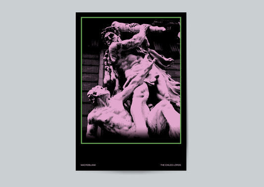 A vertical art print featuring a black and pink photograph of a sculpture, framed by a black border with a thin green inner line, set against a light gray background.