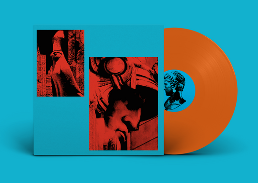 An orange vinyl record partially pulled from a turquoise sleeve, with two red-toned abstract artwork panels on the cover and a blue bust illustration visible in the record center label, set against a solid turquoise background.